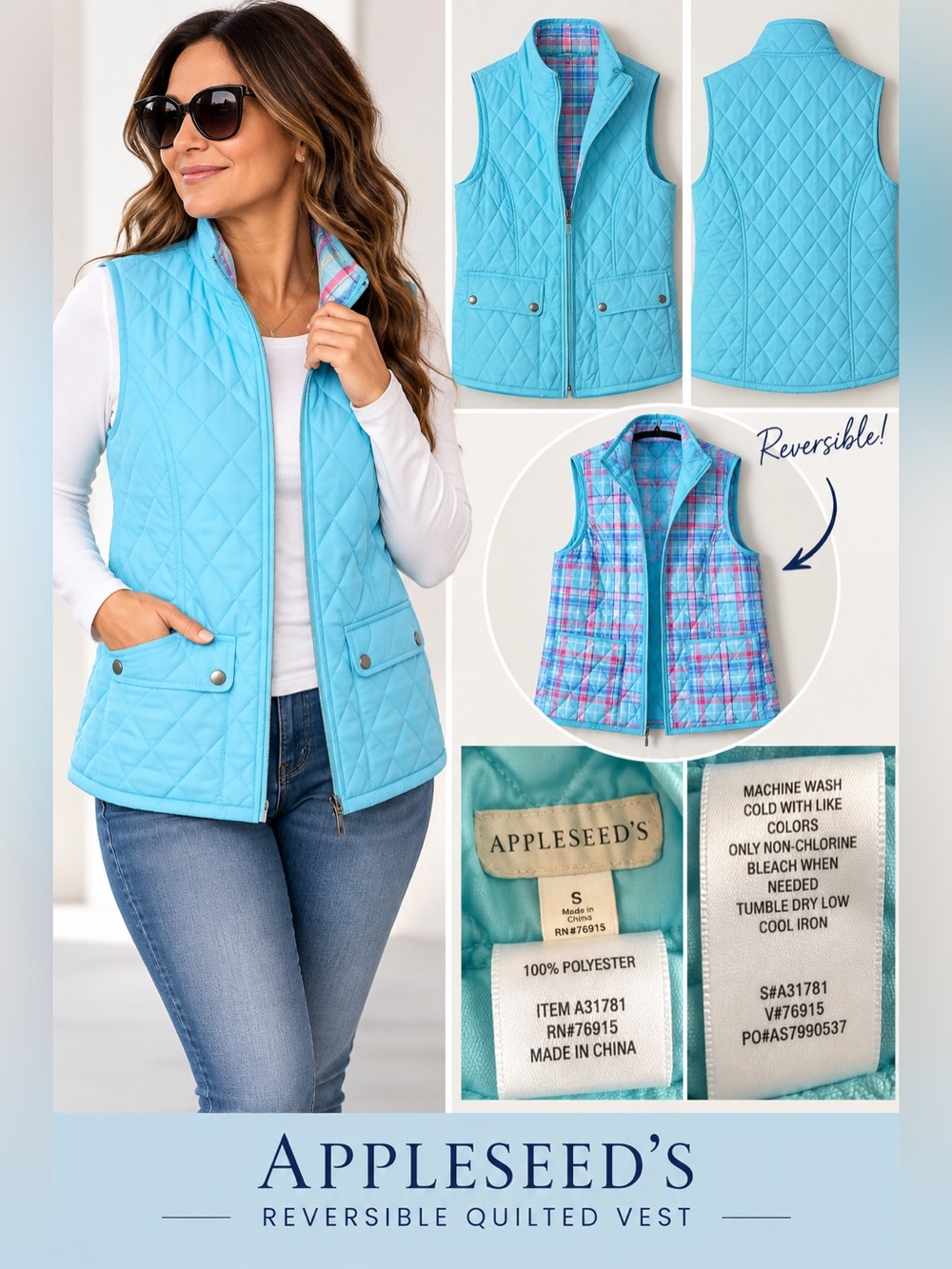 Appleseed's Women's Reversible Quilted Vest in Aqua Blue w/ Plaid Lining Size S